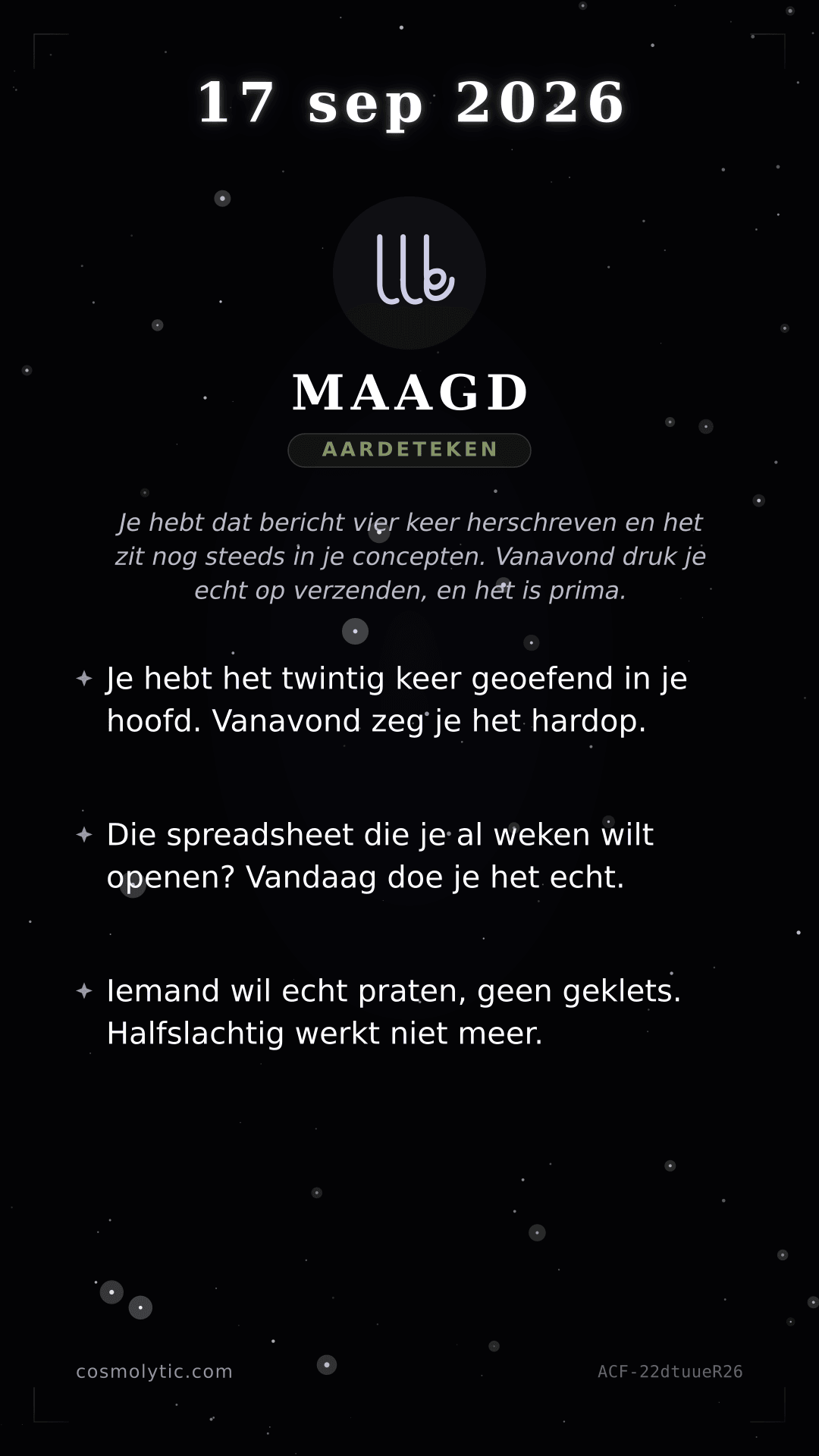 Maagd daghoroscoop kaart voor 17 september 2026