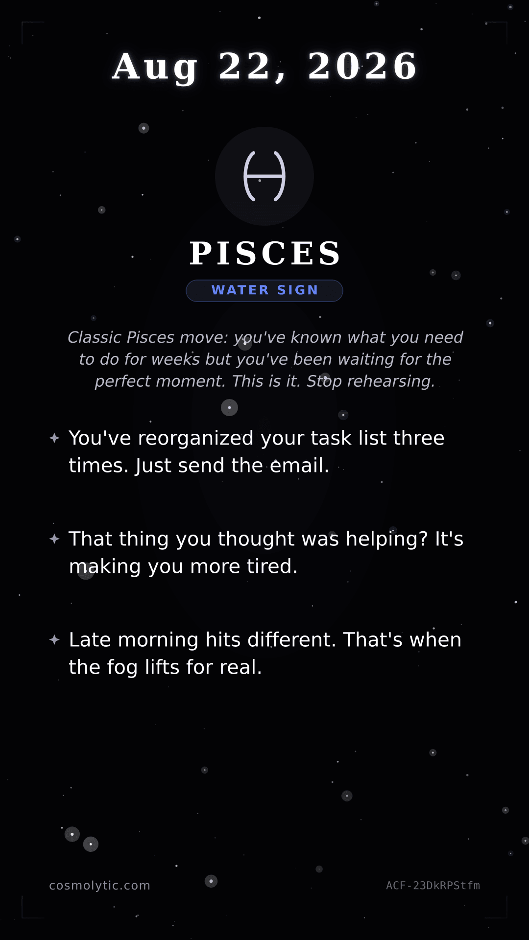 Pisces daily horoscope card for August 22, 2026