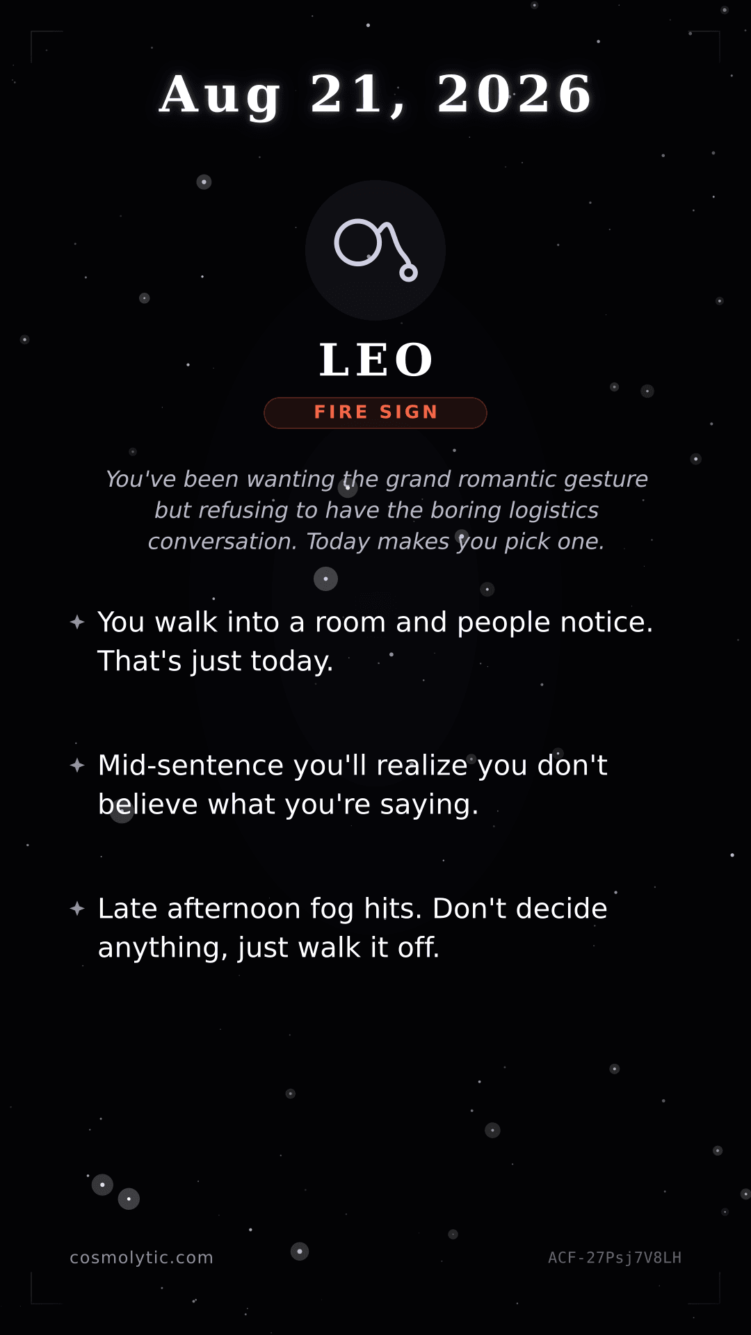 Leo daily horoscope card for August 21, 2026