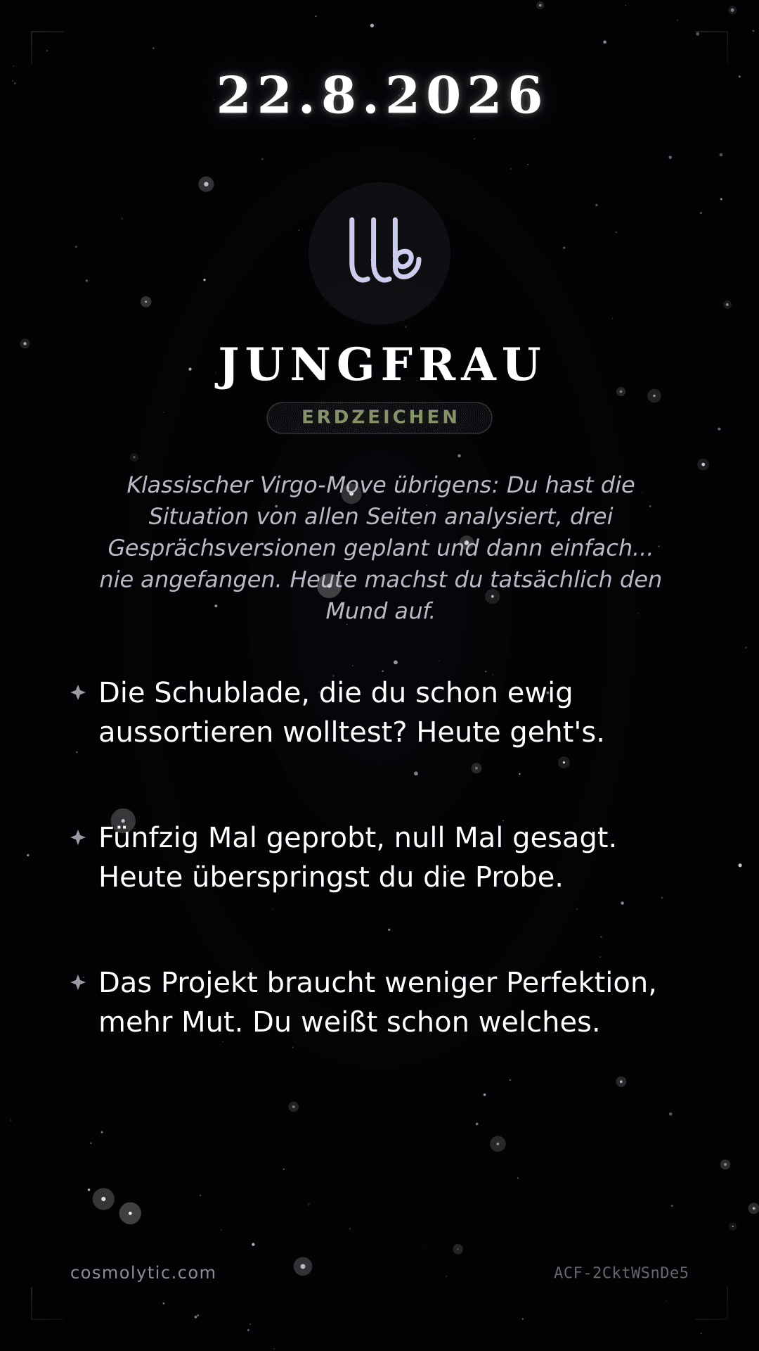 Jungfrau Tageshoroskop-Karte für 22. August 2026