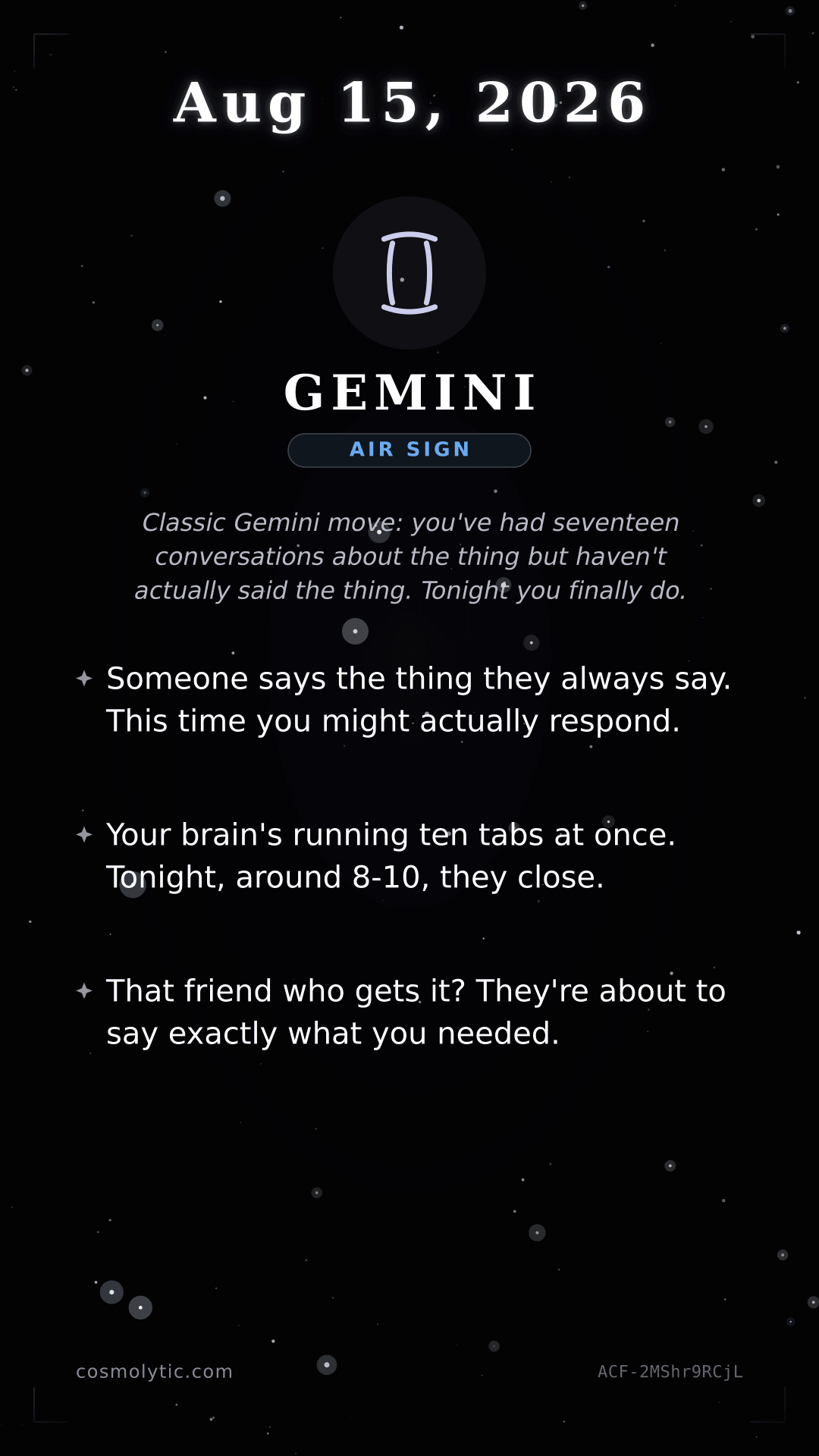 Gemini daily horoscope card for August 15, 2026