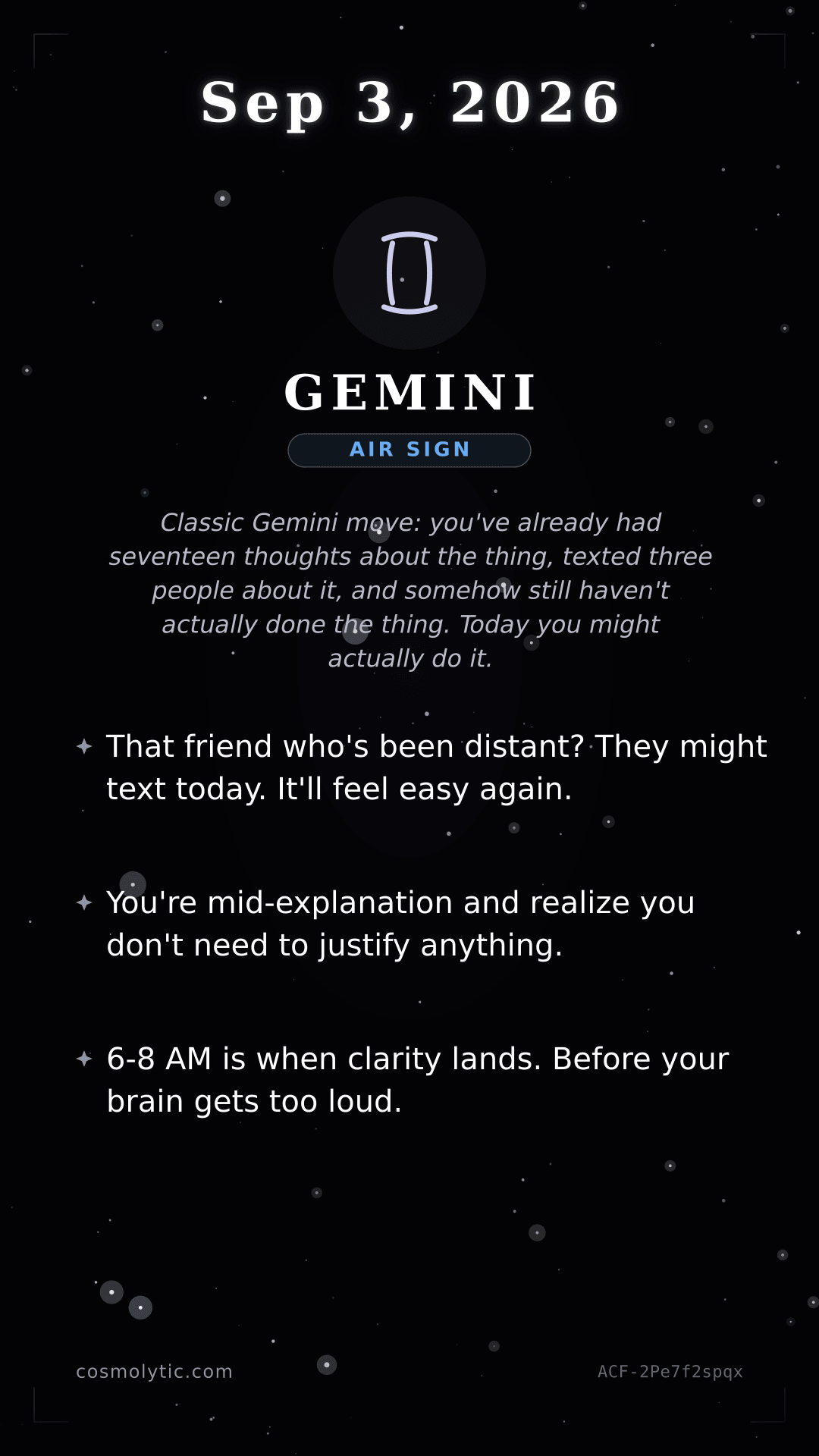 Gemini daily horoscope card for September 3, 2026