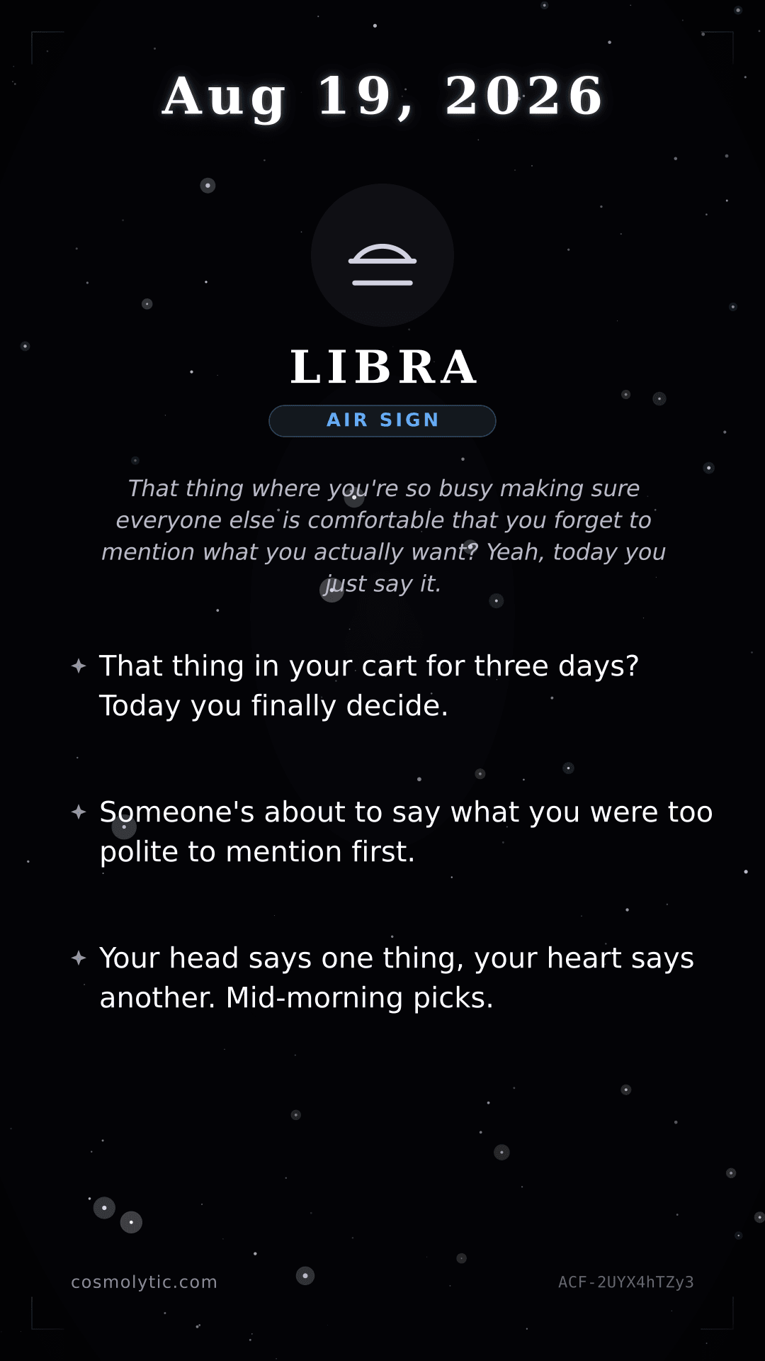 Libra daily horoscope card for August 19, 2026
