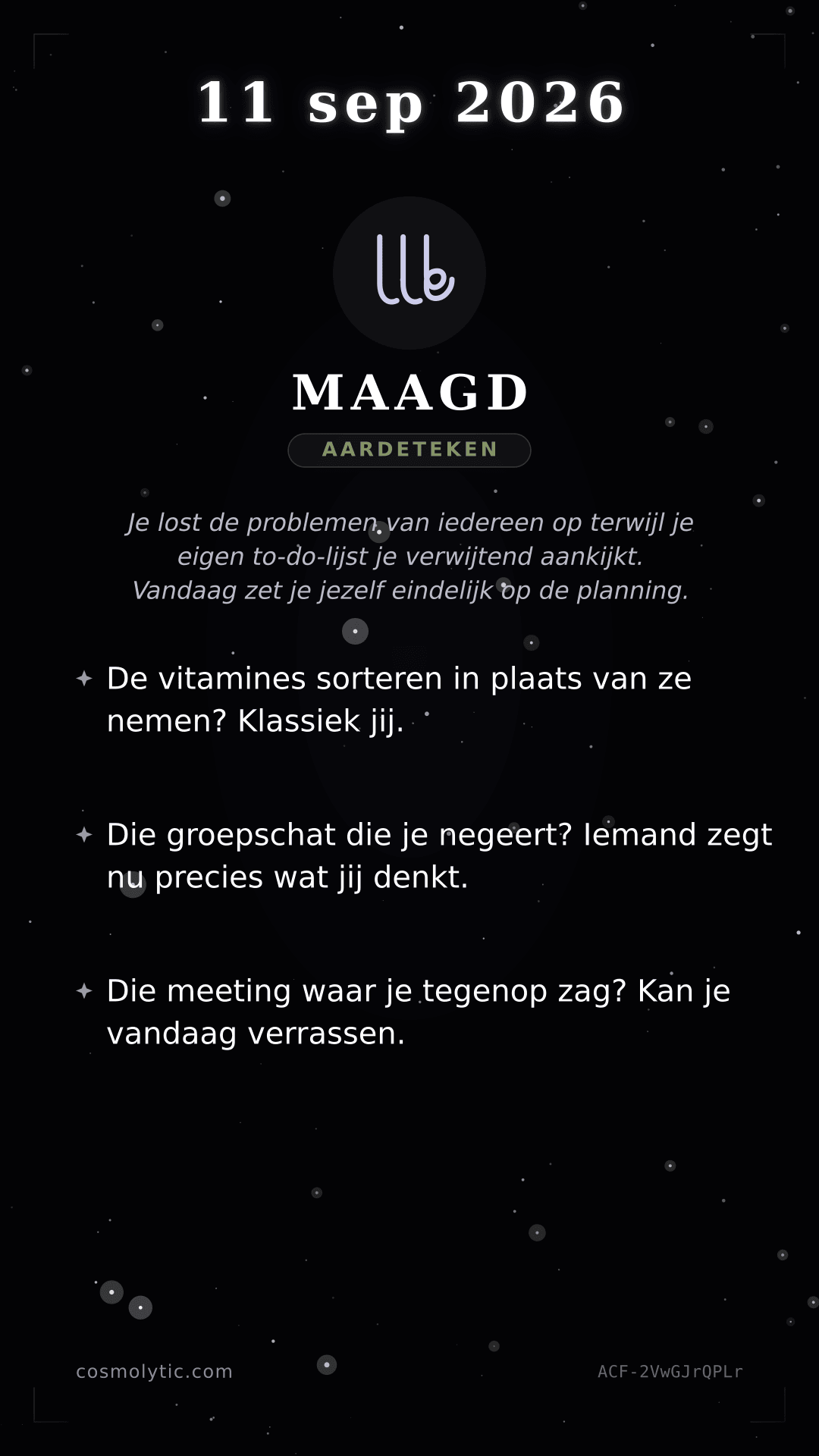 Maagd daghoroscoop kaart voor 11 september 2026