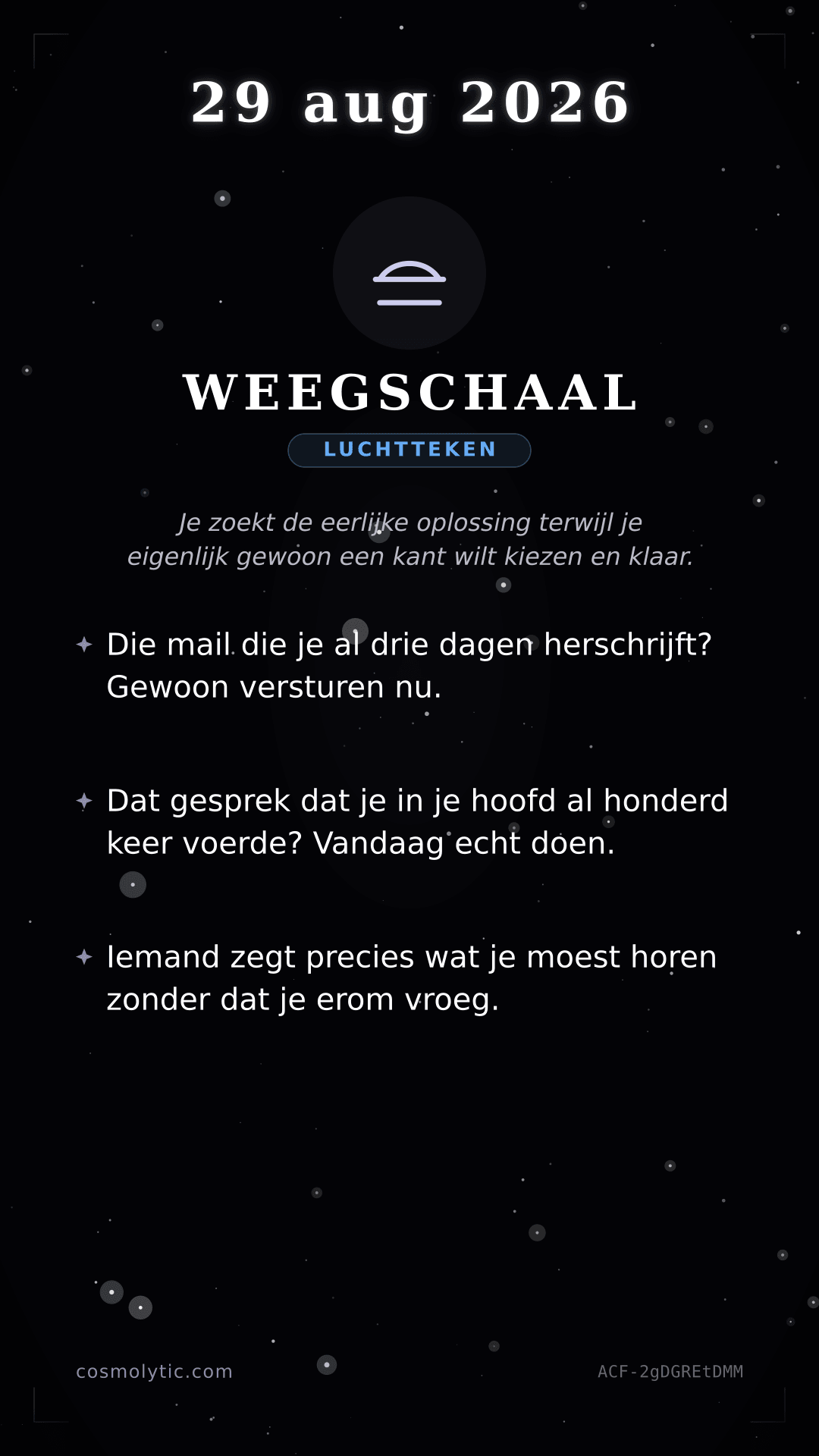 Weegschaal daghoroscoop kaart voor 29 augustus 2026