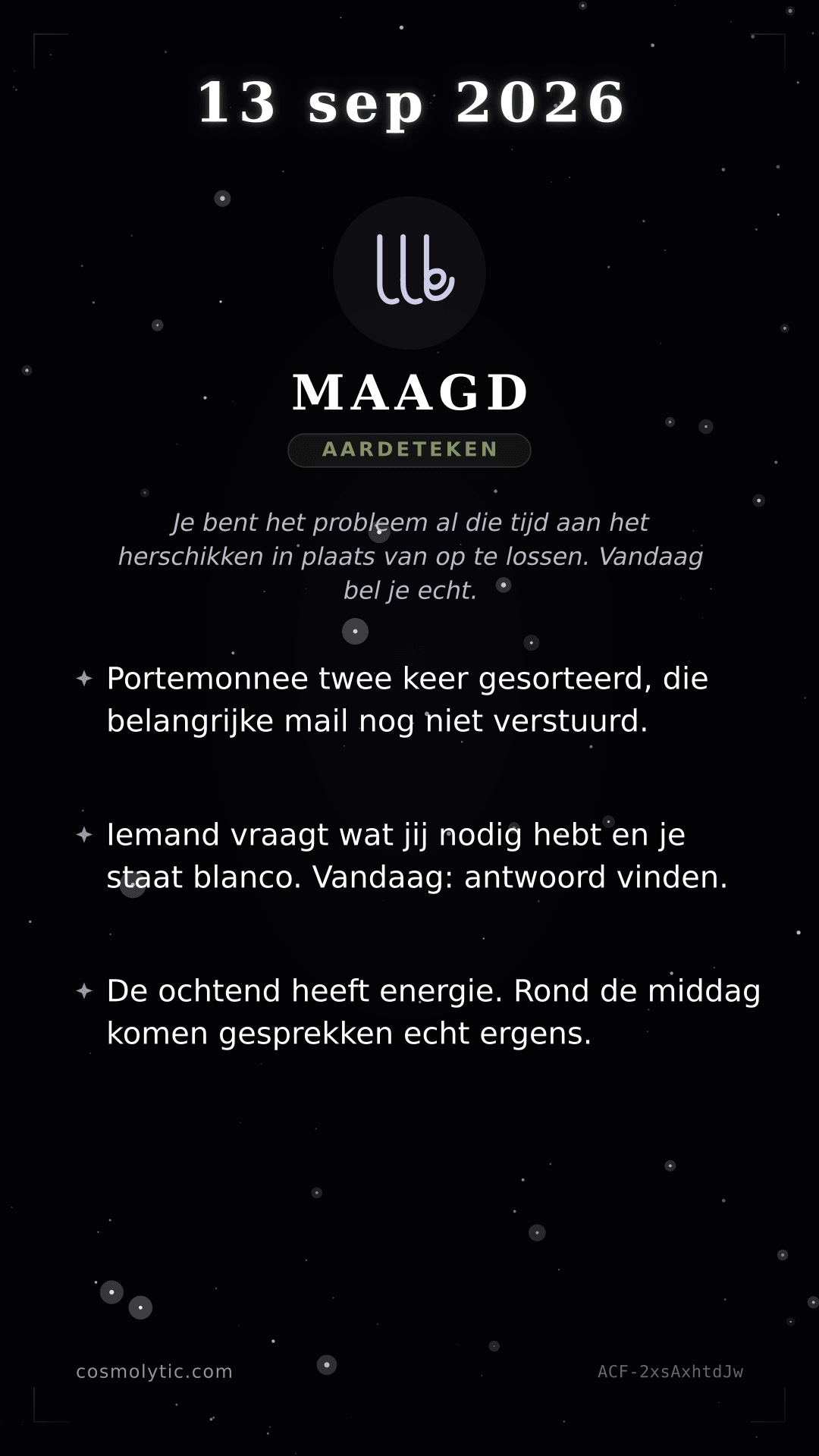 Maagd daghoroscoop kaart voor 13 september 2026
