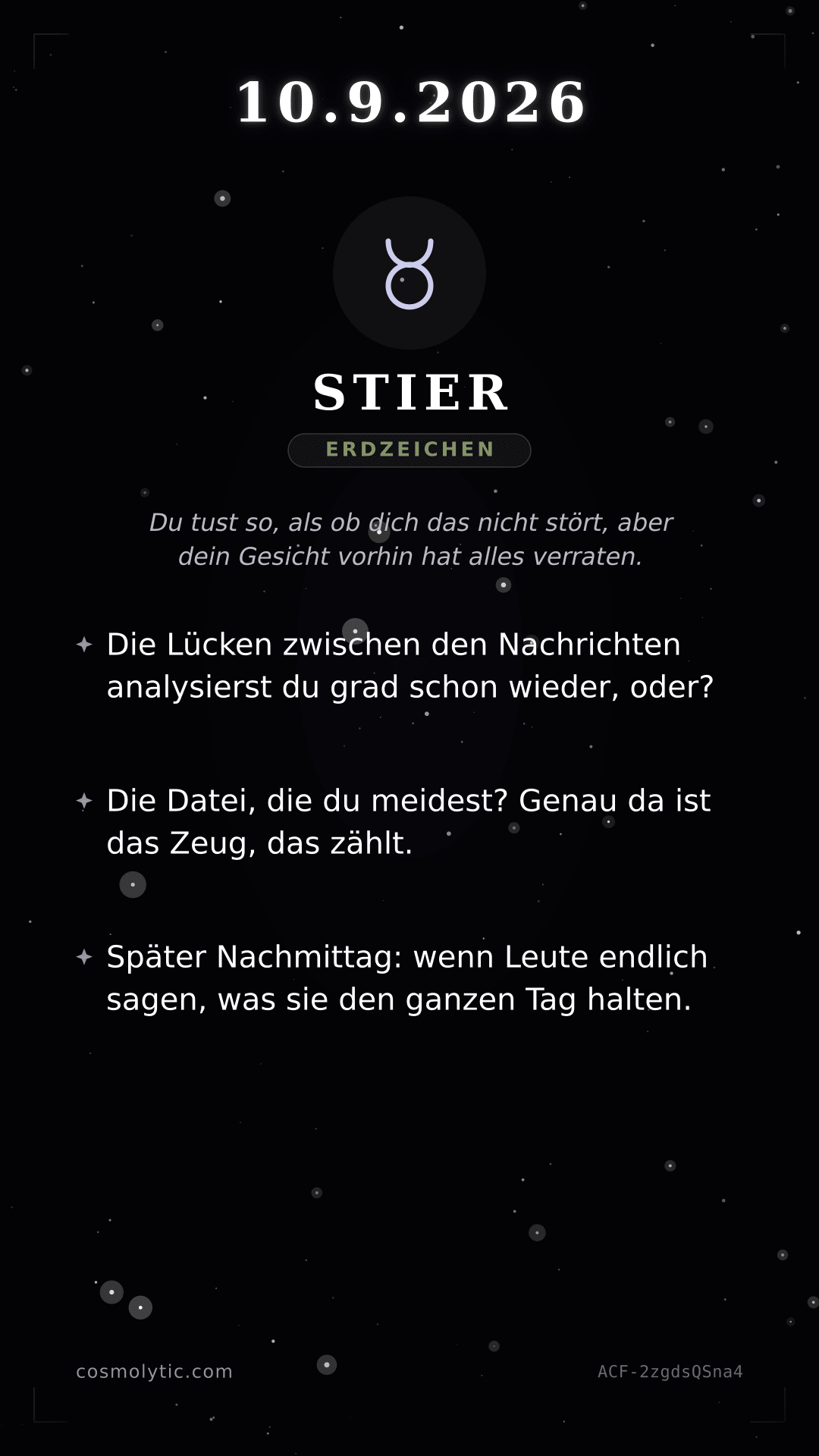 Stier Tageshoroskop-Karte für 10. September 2026