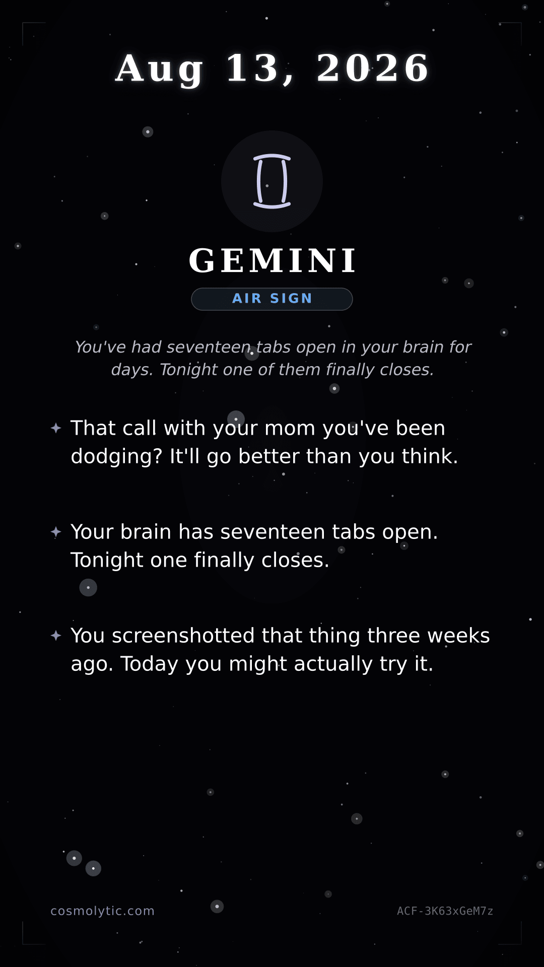 Gemini daily horoscope card for August 13, 2026