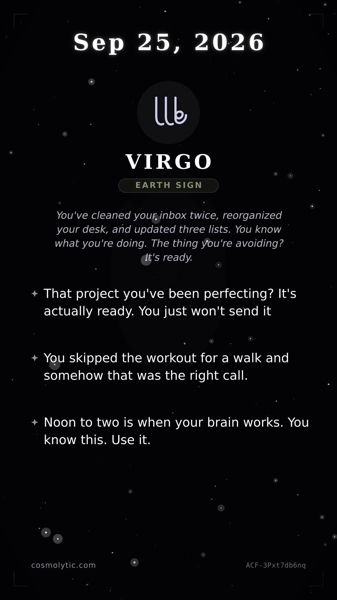 Virgo daily horoscope card for September 25, 2026