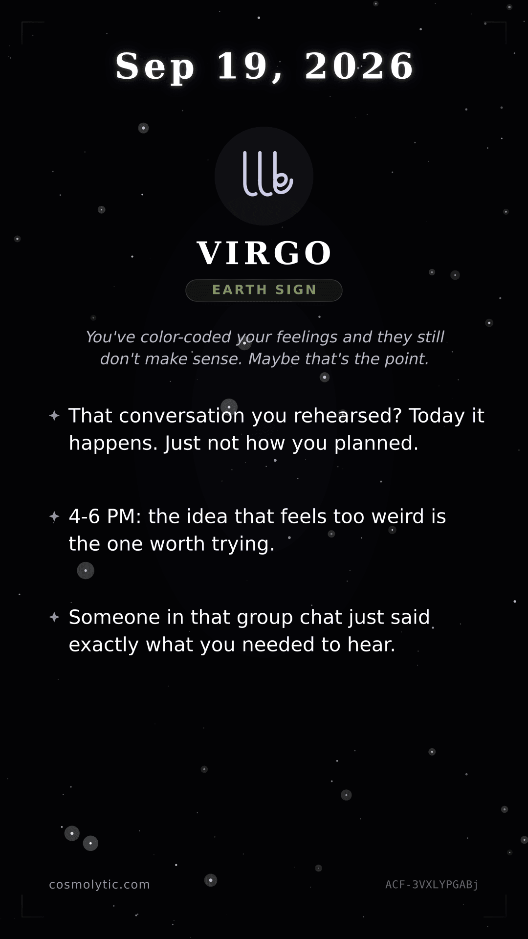 Virgo daily horoscope card for September 19, 2026