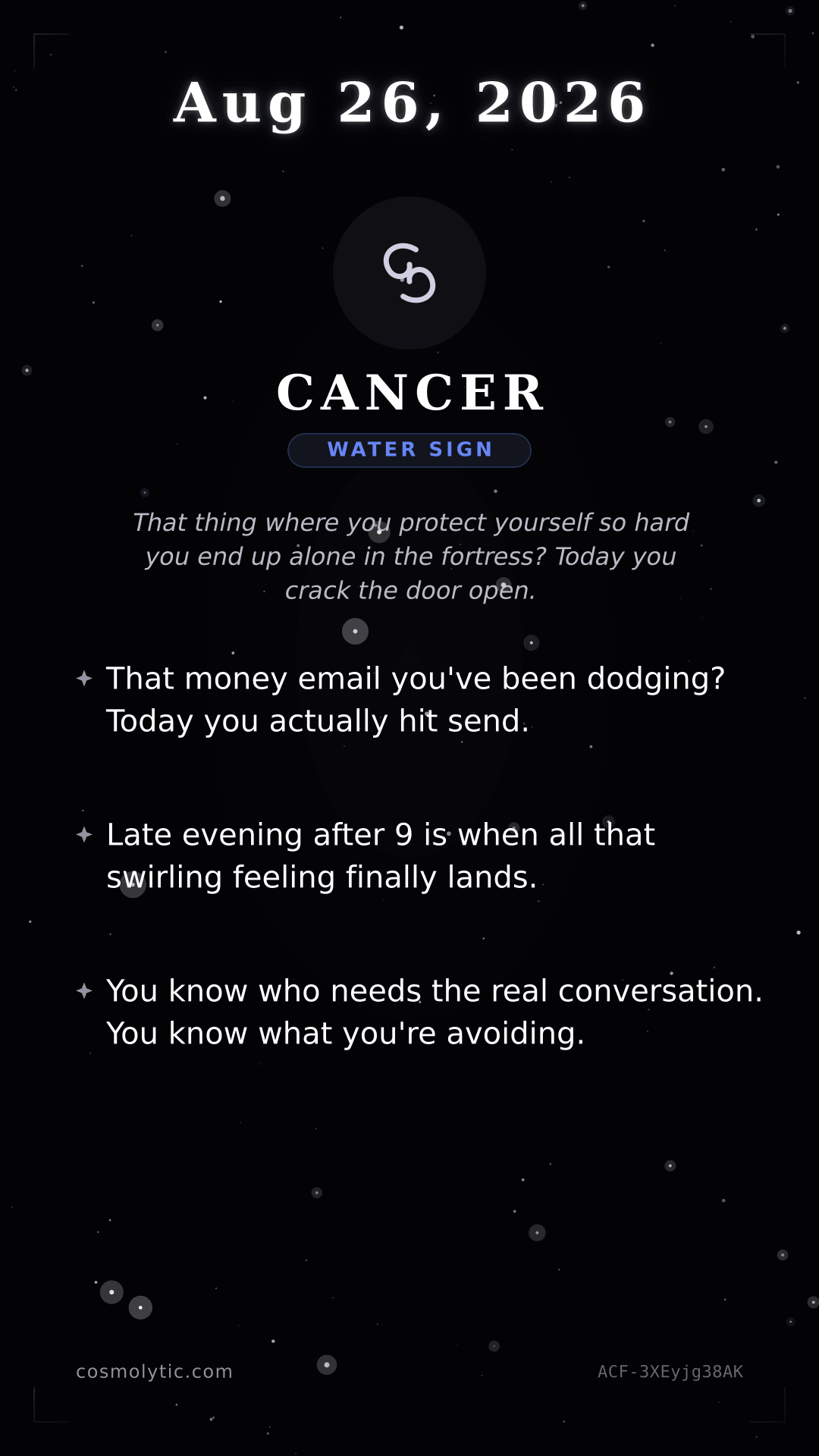Cancer daily horoscope card for August 26, 2026