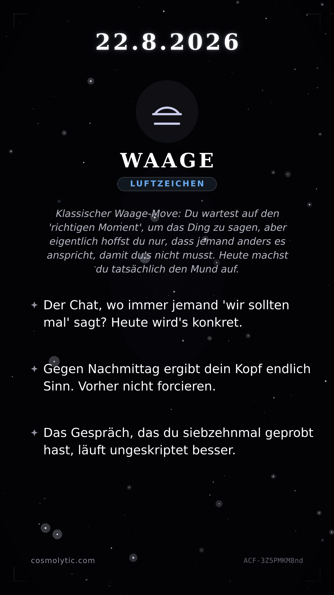 Waage Tageshoroskop-Karte für 22. August 2026