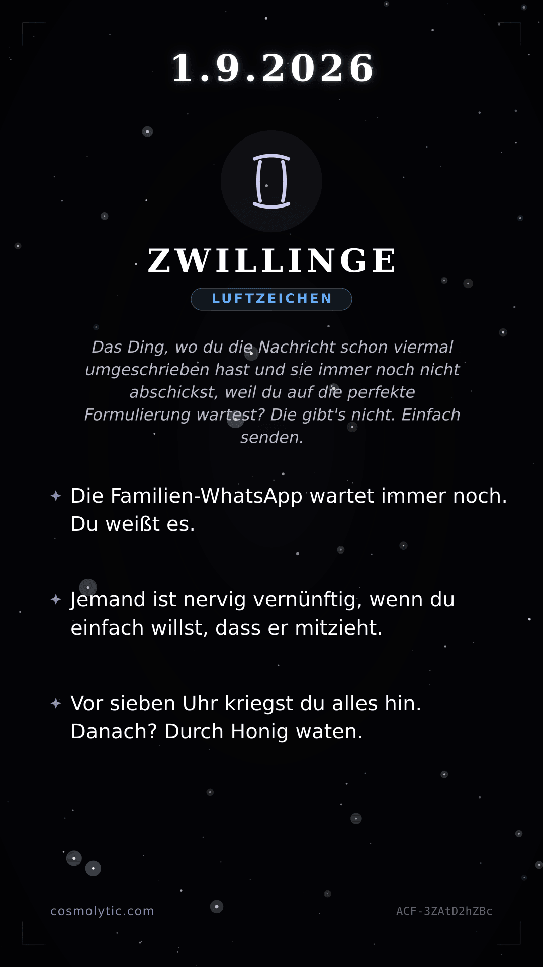 Zwillinge Tageshoroskop-Karte für 1. September 2026