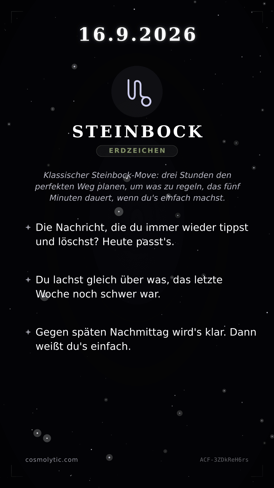Steinbock Tageshoroskop-Karte für 16. September 2026