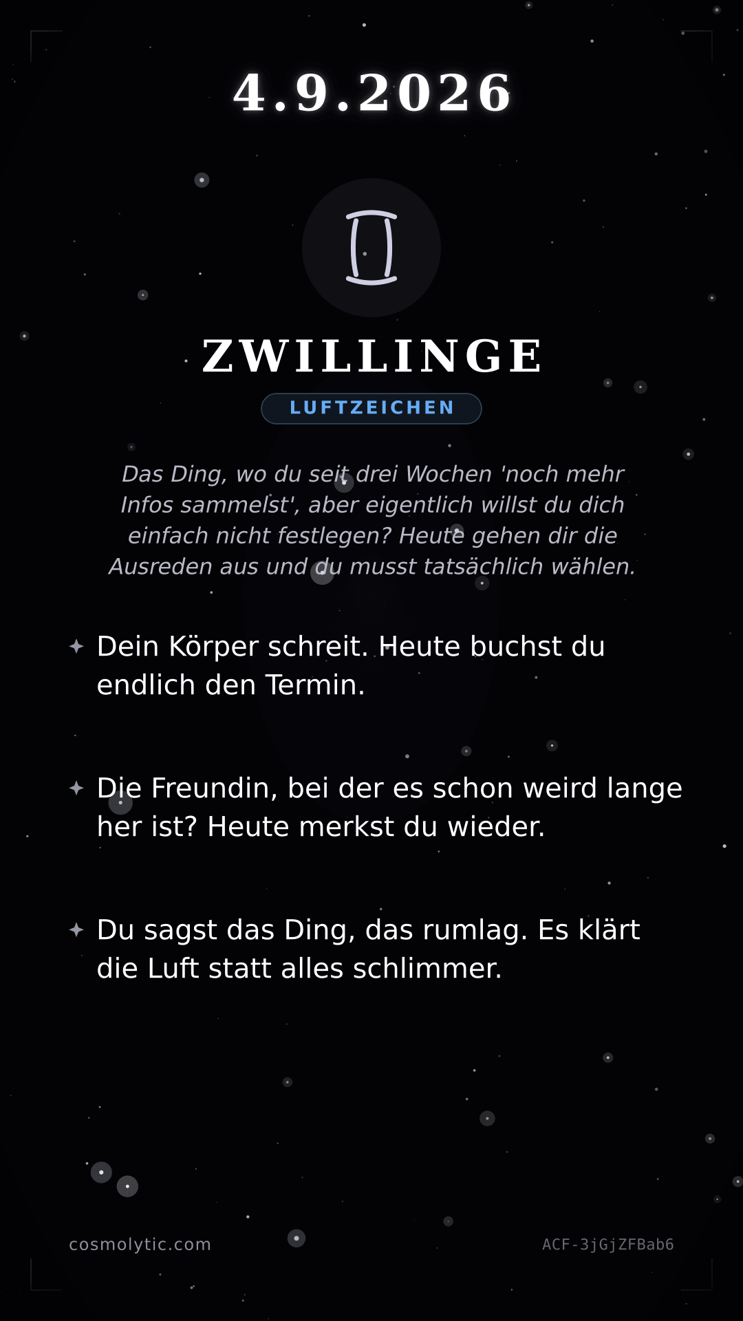 Zwillinge Tageshoroskop-Karte für 4. September 2026