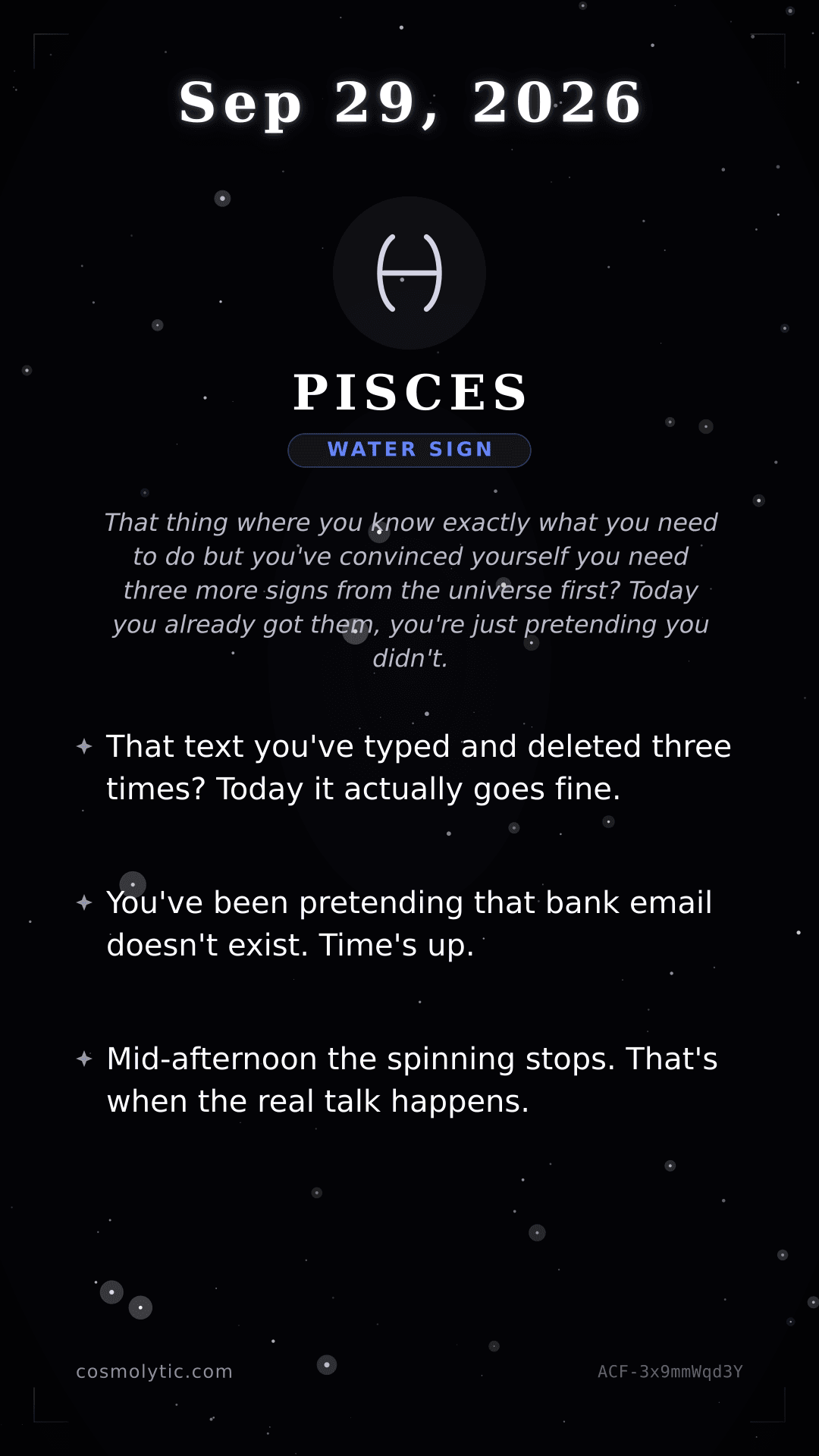 Pisces daily horoscope card for September 29, 2026