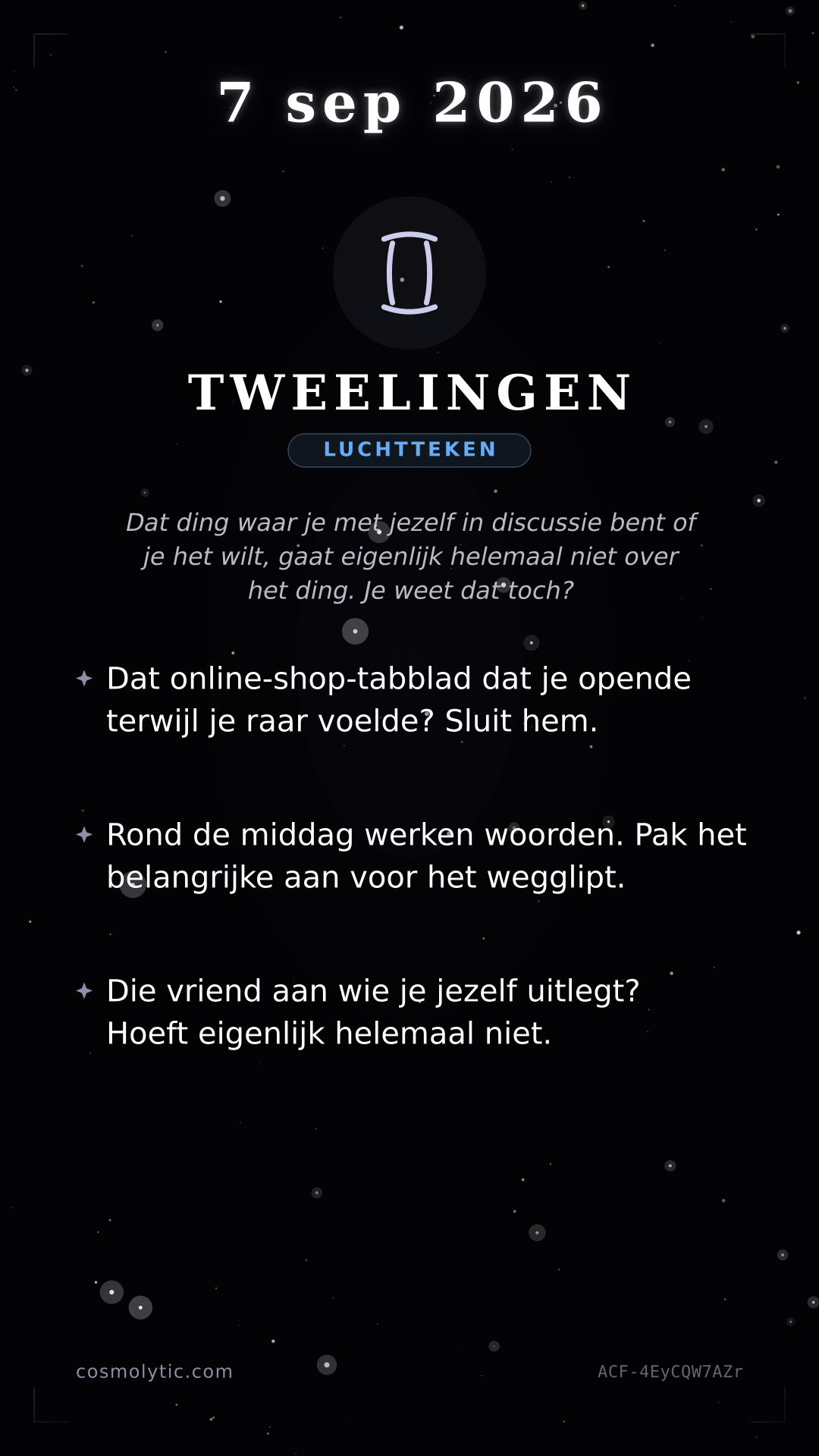 Tweelingen daghoroscoop kaart voor 7 september 2026