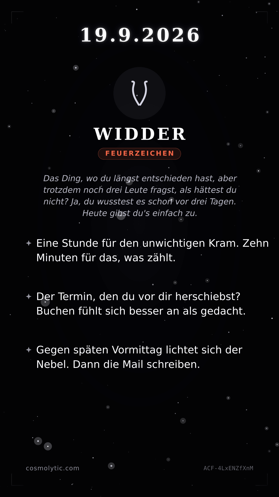 Widder Tageshoroskop-Karte für 19. September 2026