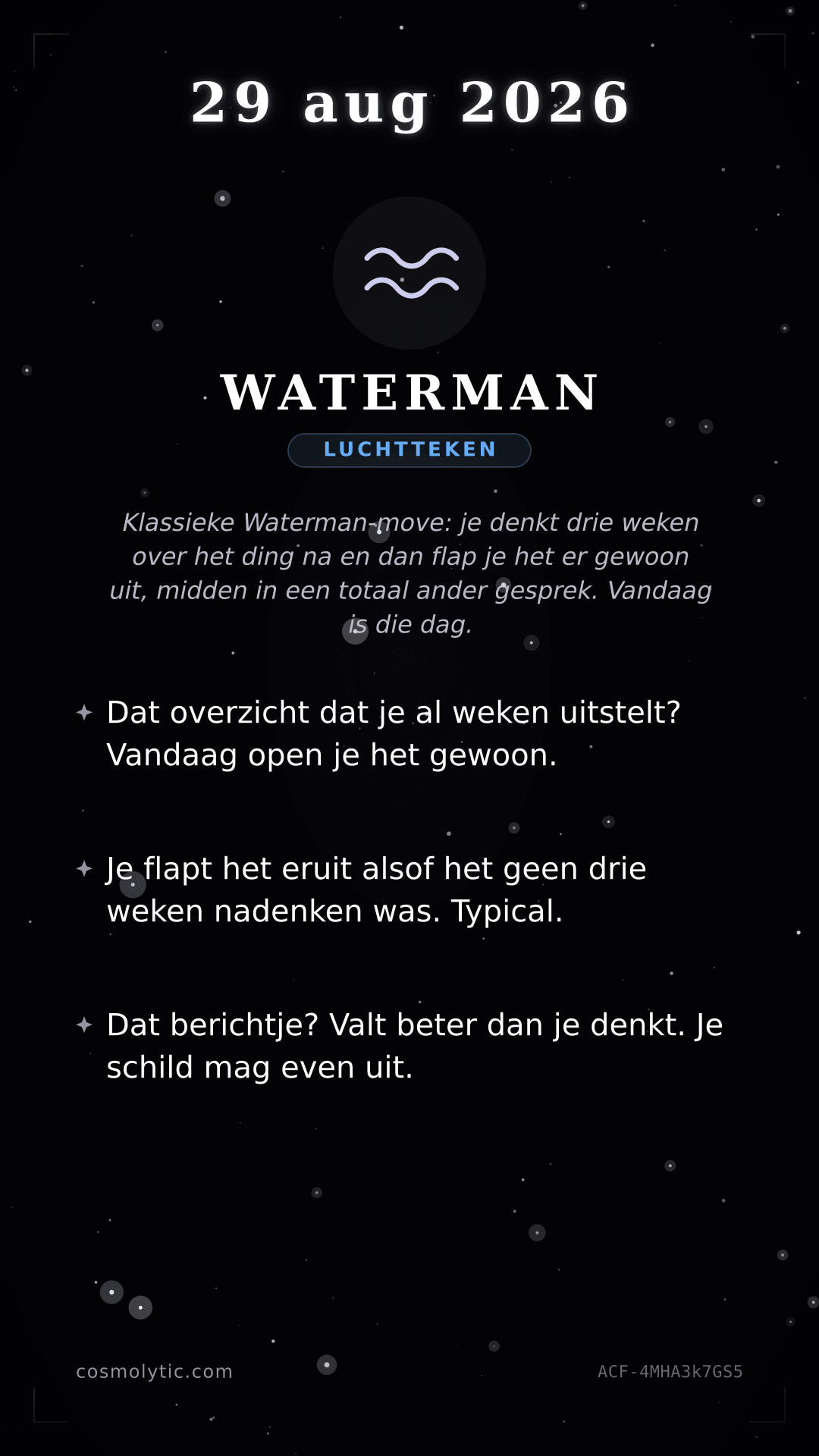 Waterman daghoroscoop kaart voor 29 augustus 2026