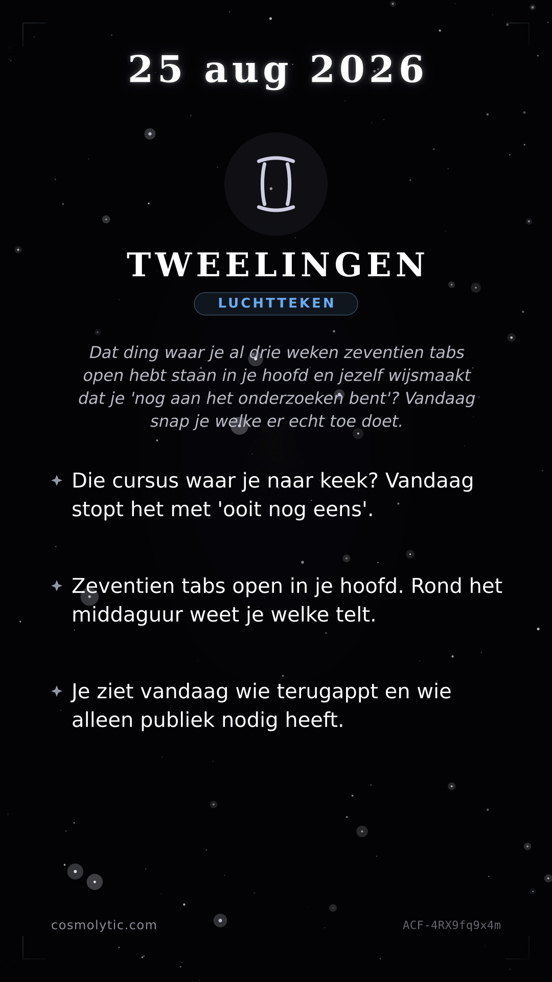 Tweelingen daghoroscoop kaart voor 25 augustus 2026