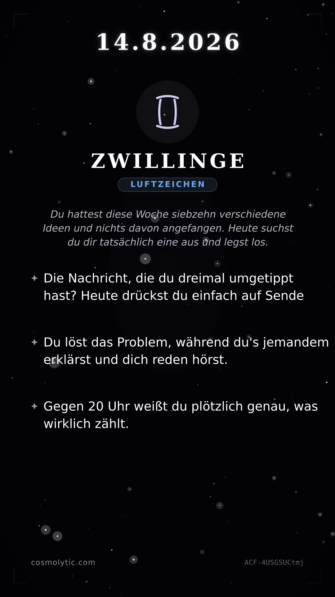 Zwillinge Tageshoroskop-Karte für 14. August 2026