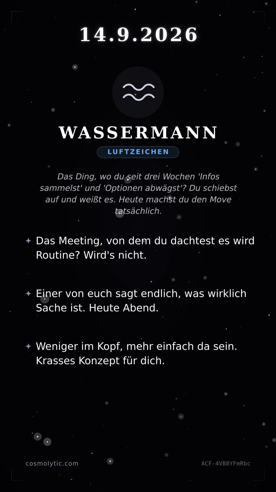 Wassermann Tageshoroskop-Karte für 14. September 2026
