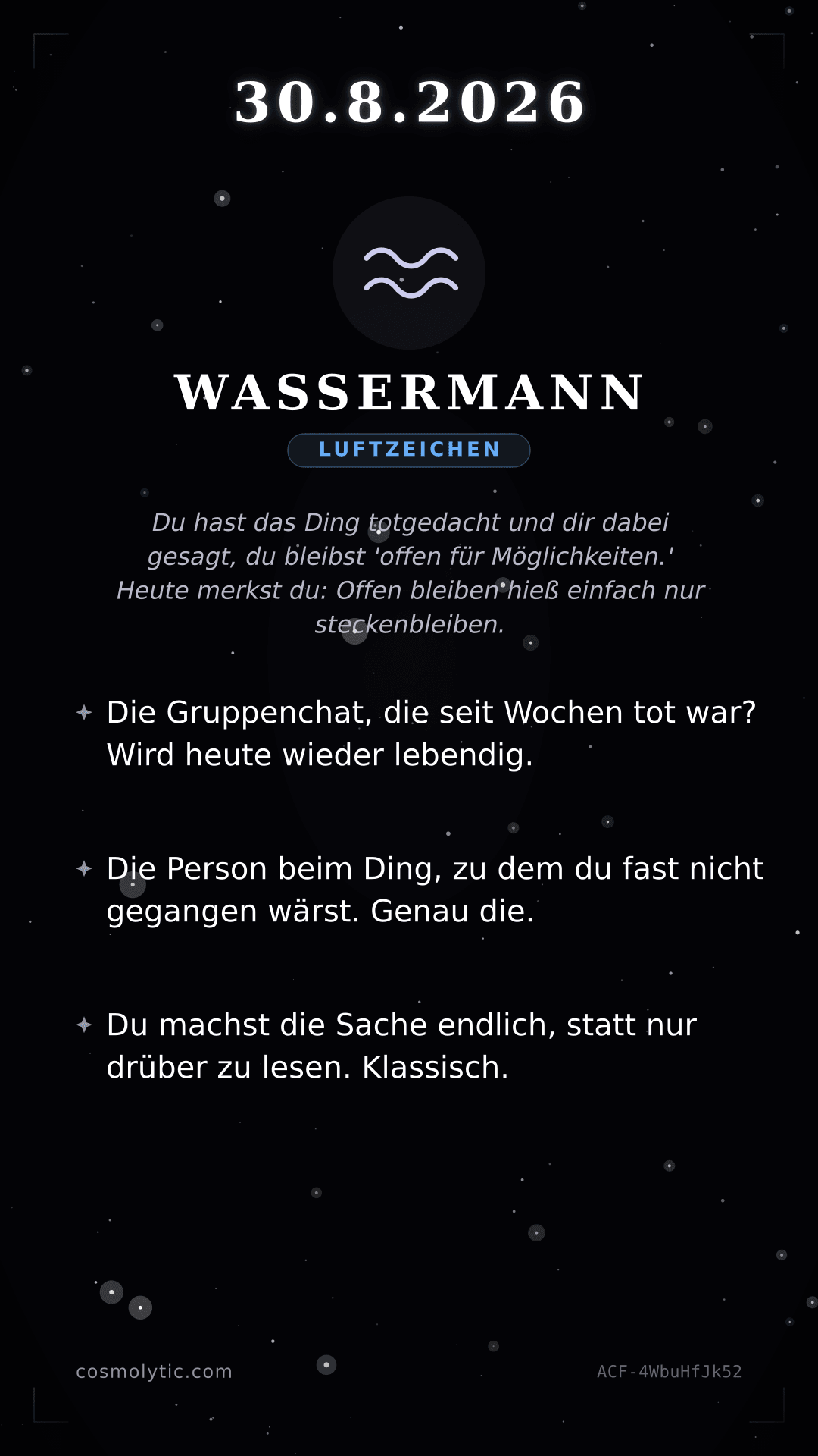 Wassermann Tageshoroskop-Karte für 30. August 2026