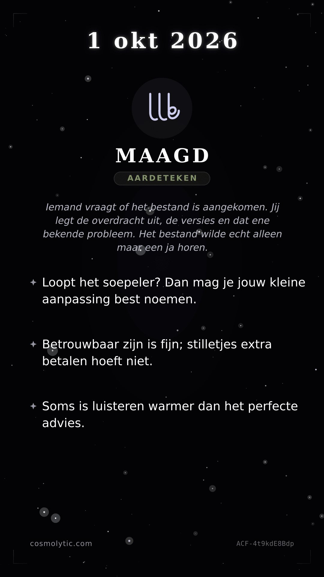 Maagd daghoroscoop kaart voor 1 oktober 2026