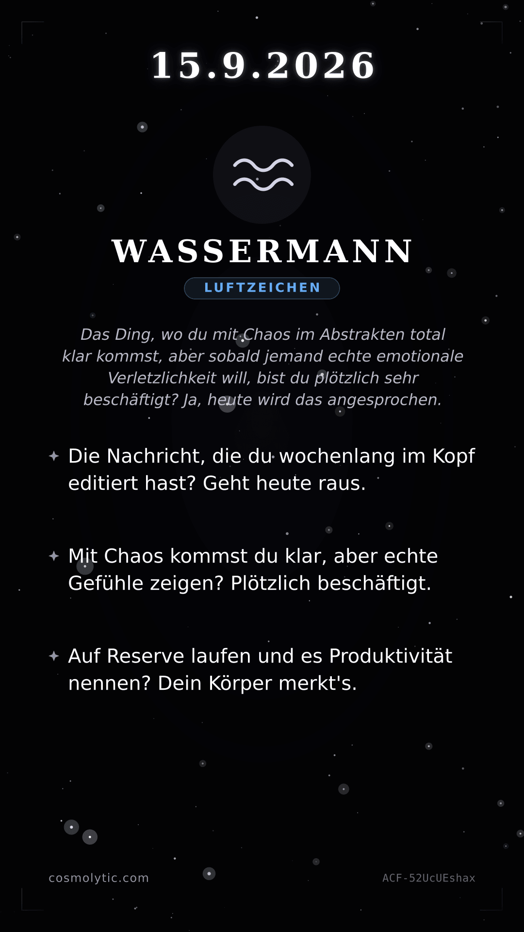 Wassermann Tageshoroskop-Karte für 15. September 2026