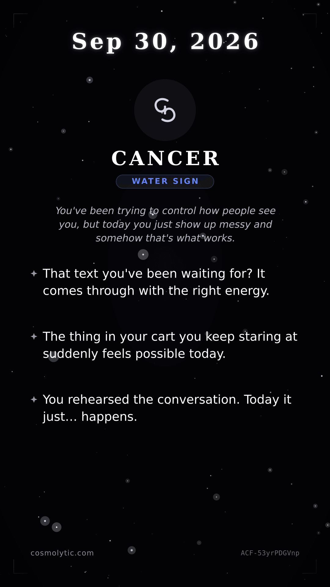 Cancer daily horoscope card for September 30, 2026