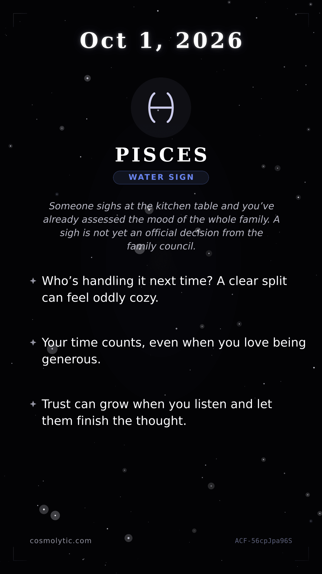 Pisces daily horoscope card for October 1, 2026