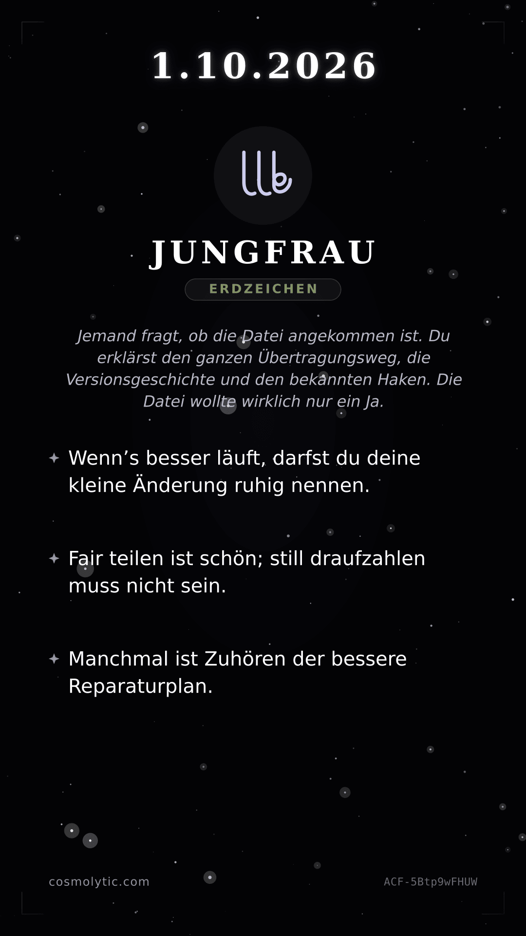 Jungfrau Tageshoroskop-Karte für 1. Oktober 2026