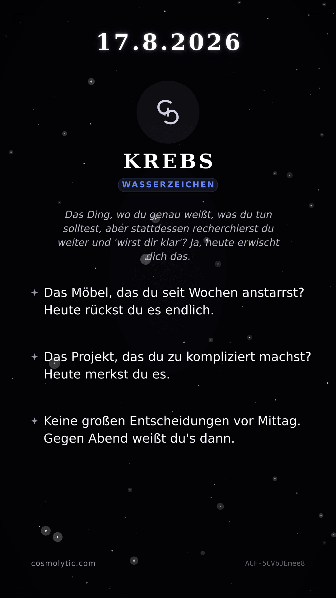 Krebs Tageshoroskop-Karte für 17. August 2026