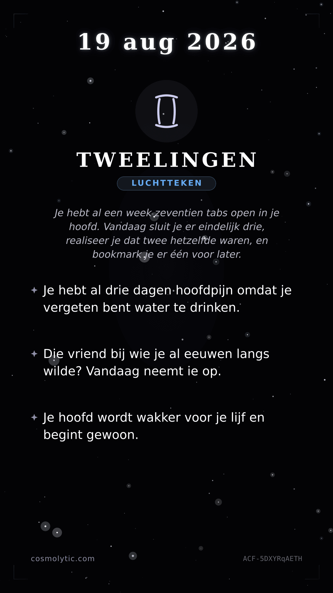 Tweelingen daghoroscoop kaart voor 19 augustus 2026
