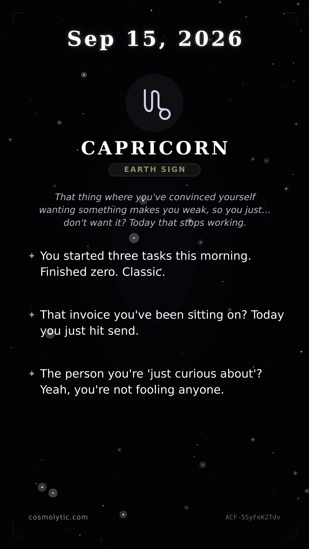 Capricorn daily horoscope card for September 15, 2026