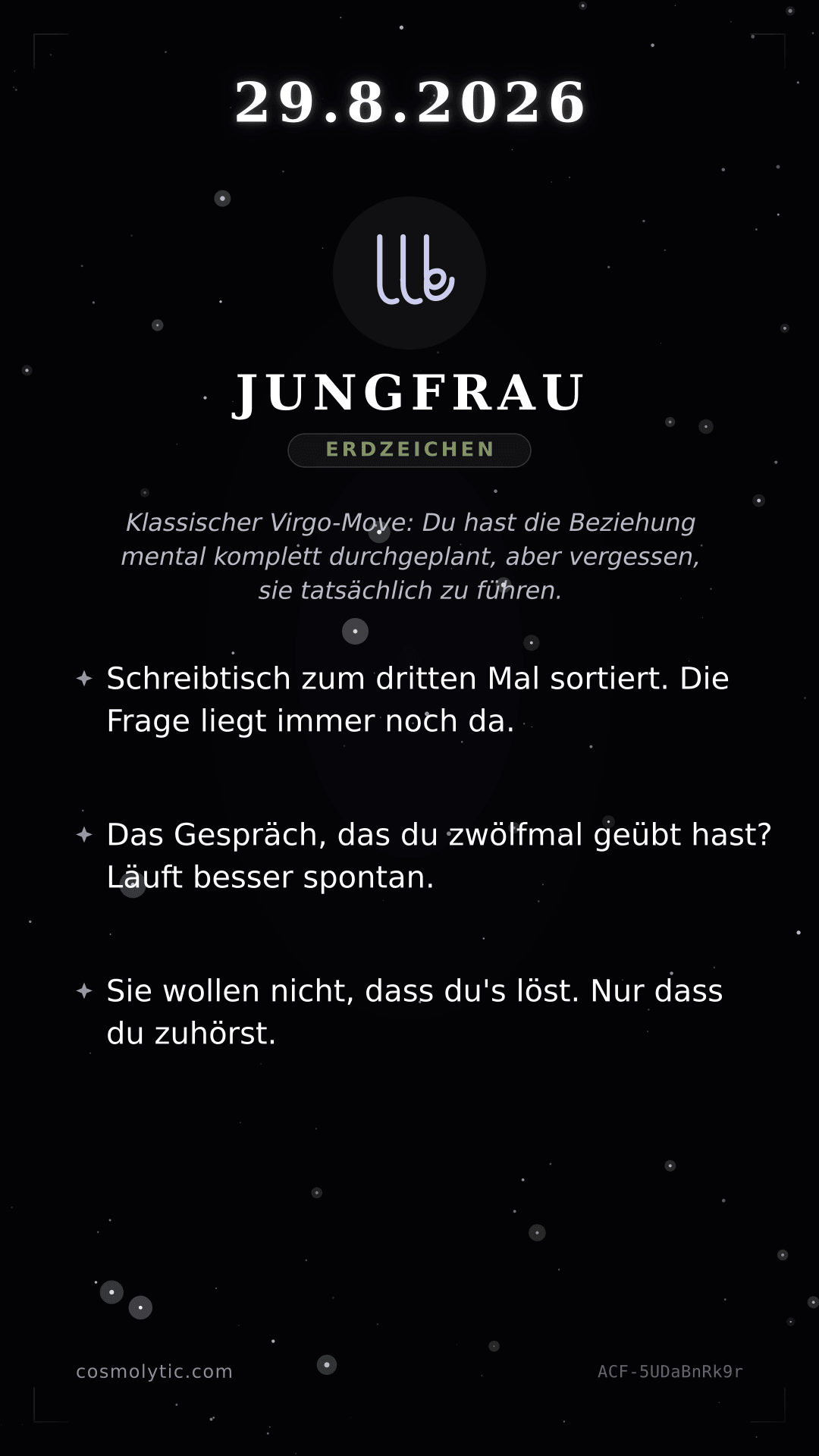 Jungfrau Tageshoroskop-Karte für 29. August 2026