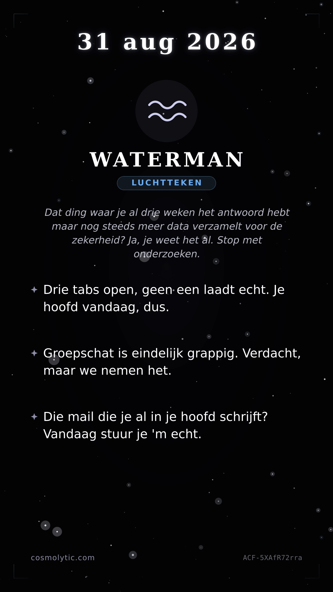 Waterman daghoroscoop kaart voor 31 augustus 2026