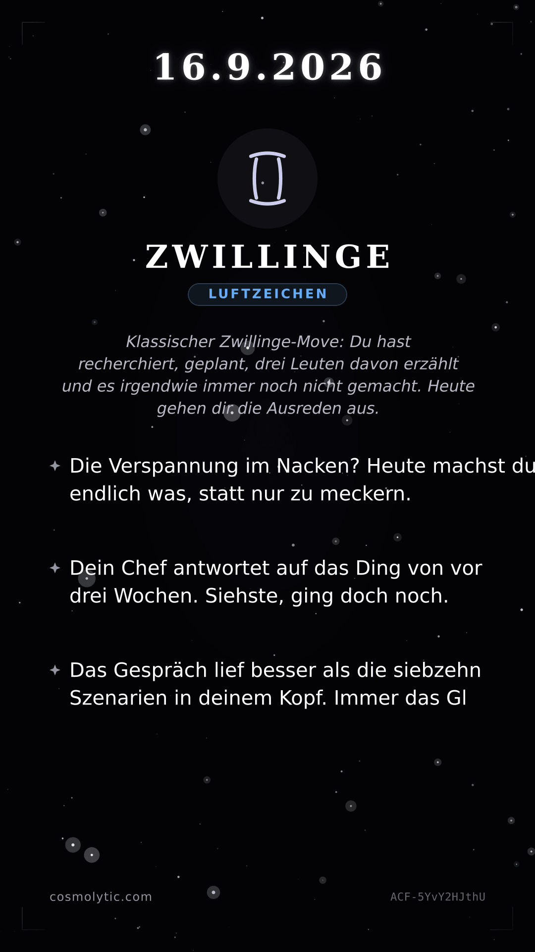 Zwillinge Tageshoroskop-Karte für 16. September 2026