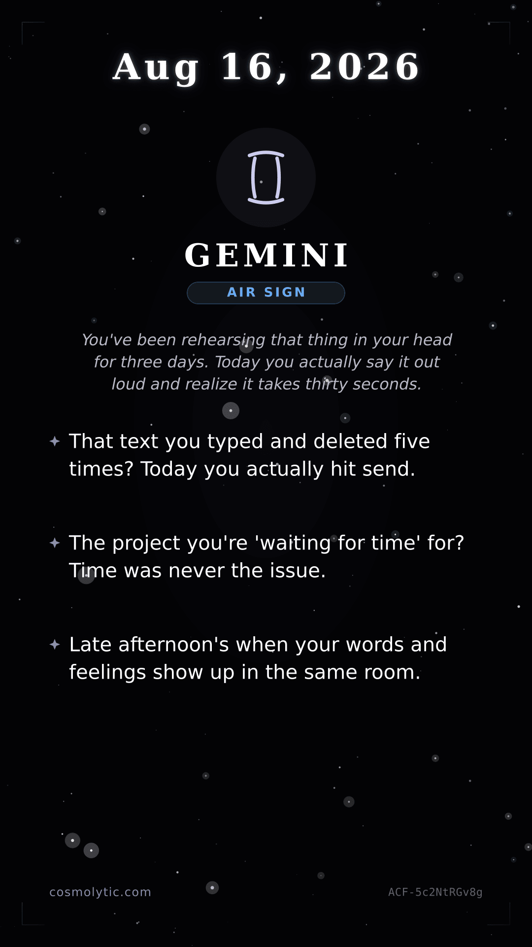 Gemini daily horoscope card for August 16, 2026
