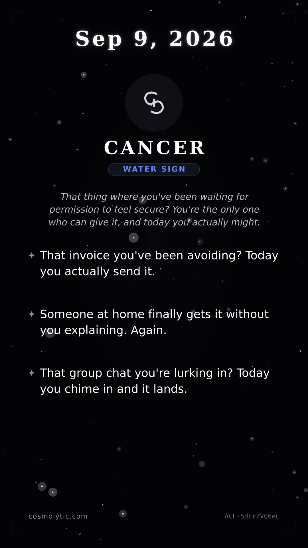 Cancer daily horoscope card for September 9, 2026