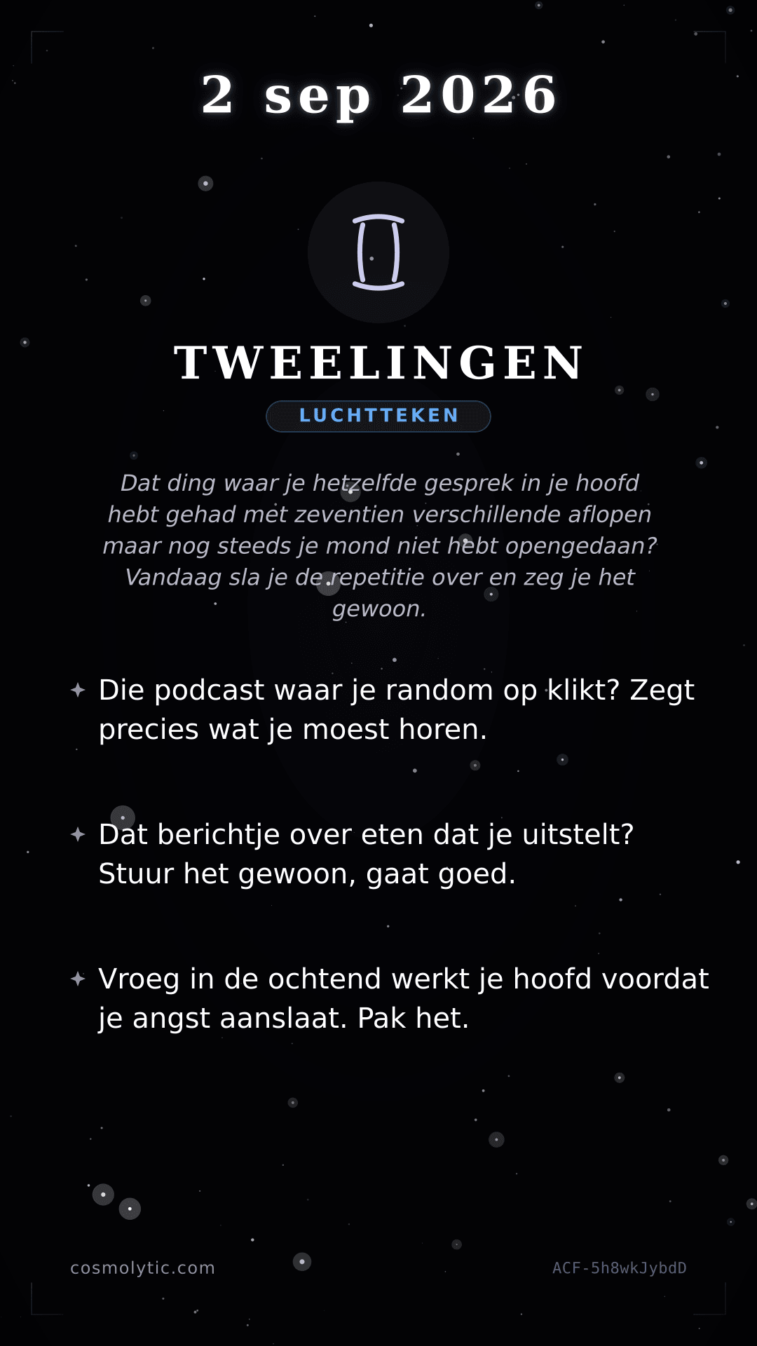 Tweelingen daghoroscoop kaart voor 2 september 2026