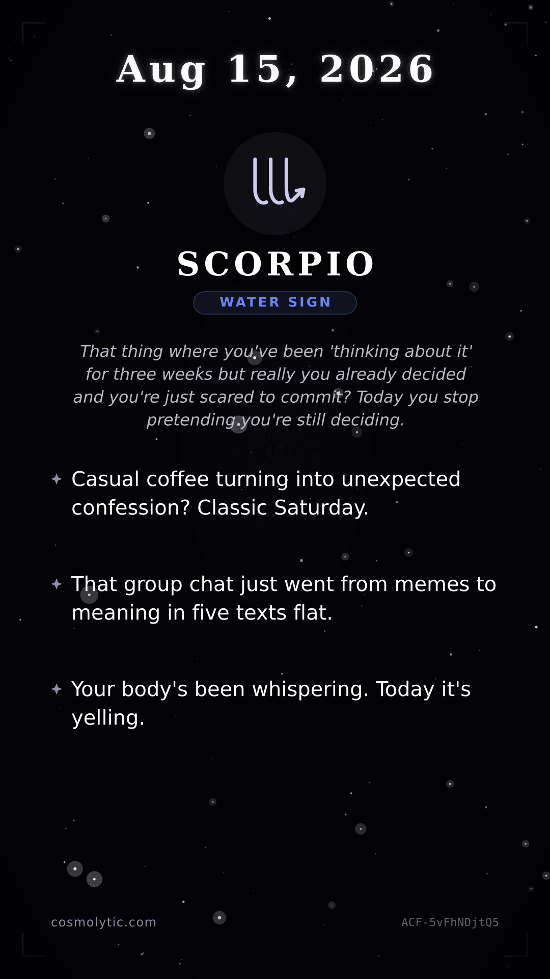Scorpio daily horoscope card for August 15, 2026