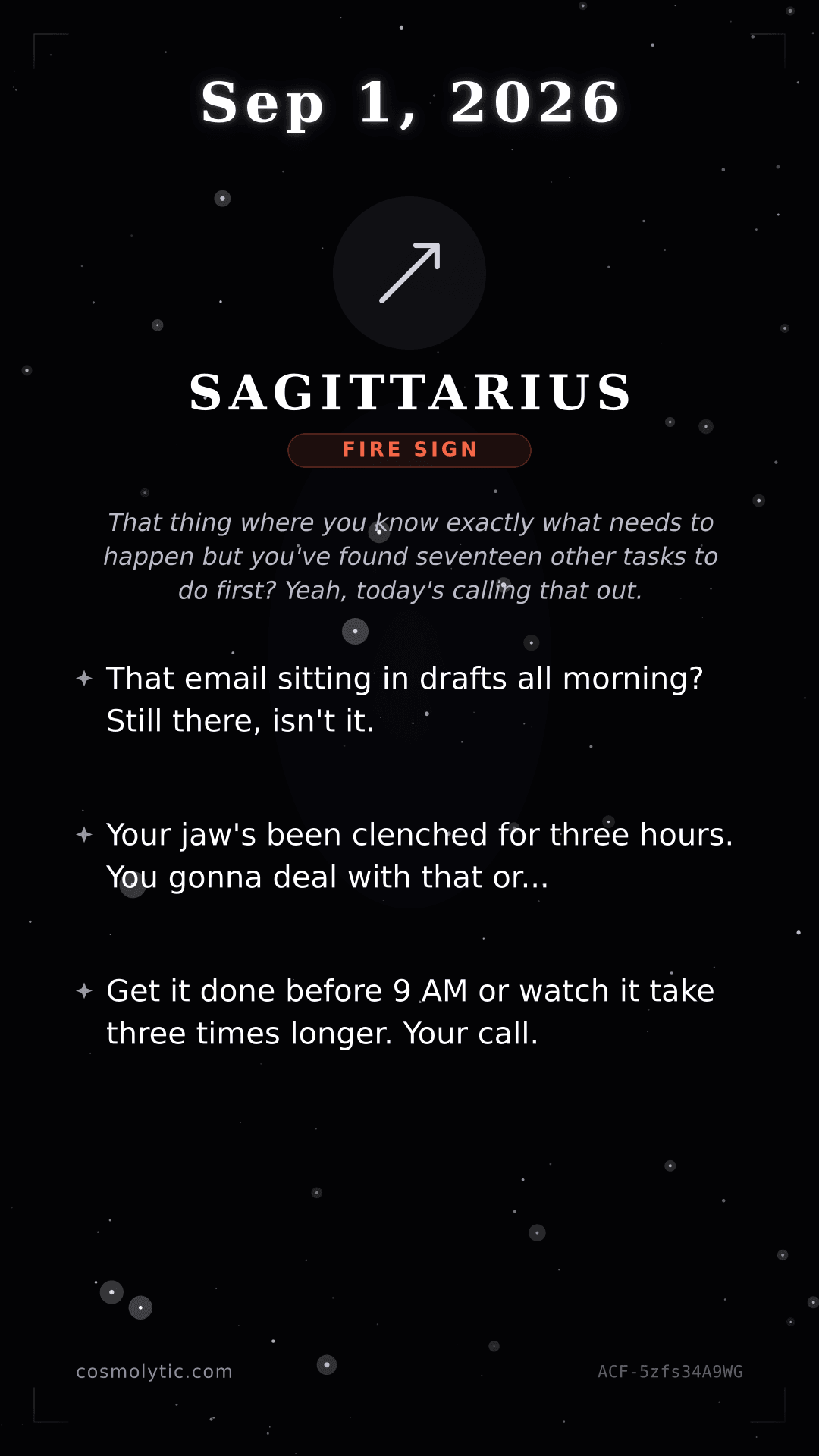 Sagittarius daily horoscope card for September 1, 2026