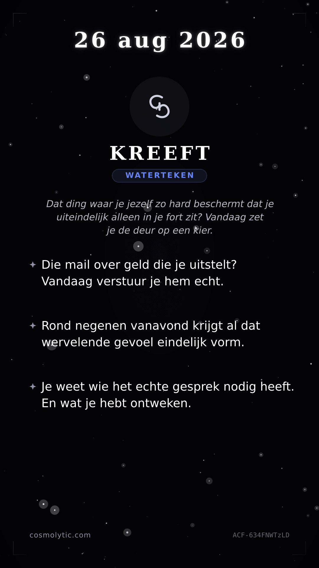 Kreeft daghoroscoop kaart voor 26 augustus 2026