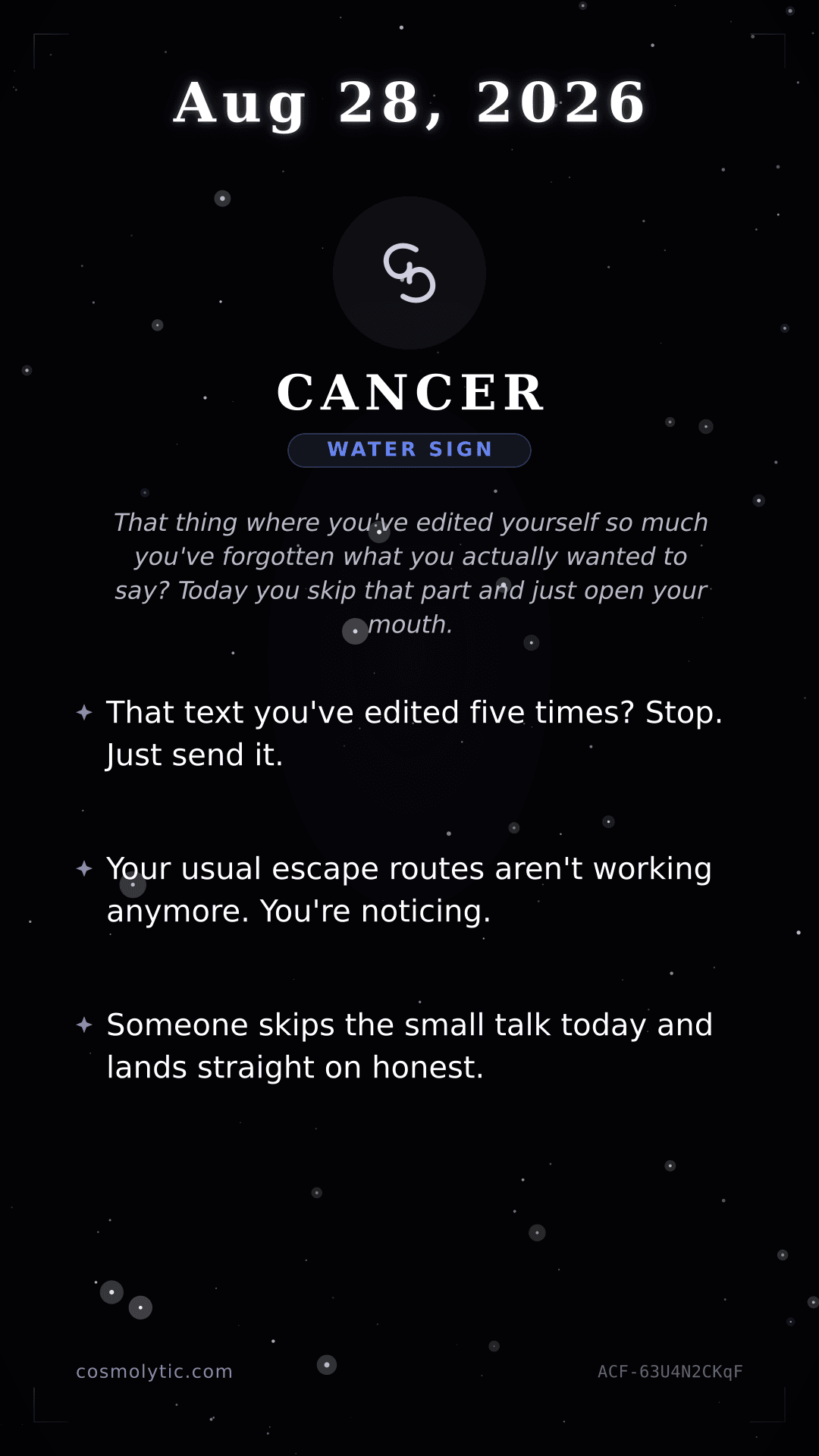 Cancer daily horoscope card for August 28, 2026