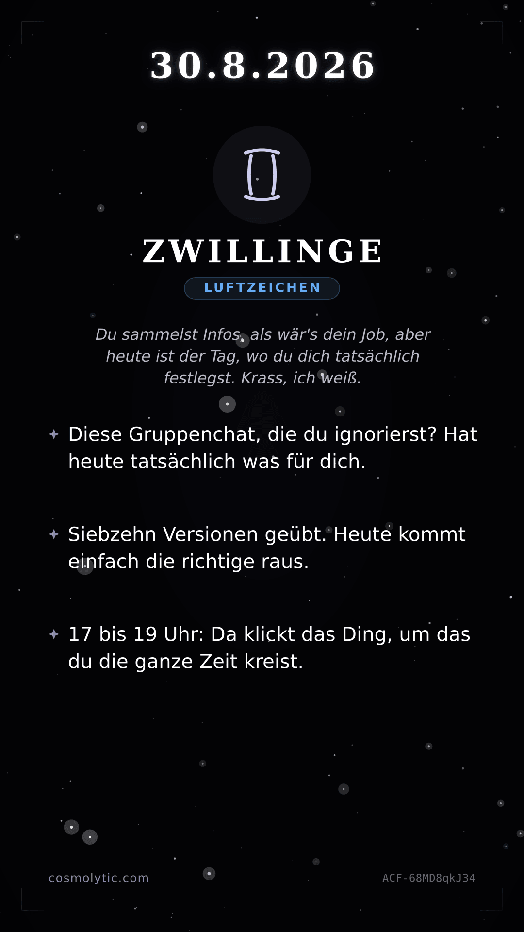 Zwillinge Tageshoroskop-Karte für 30. August 2026