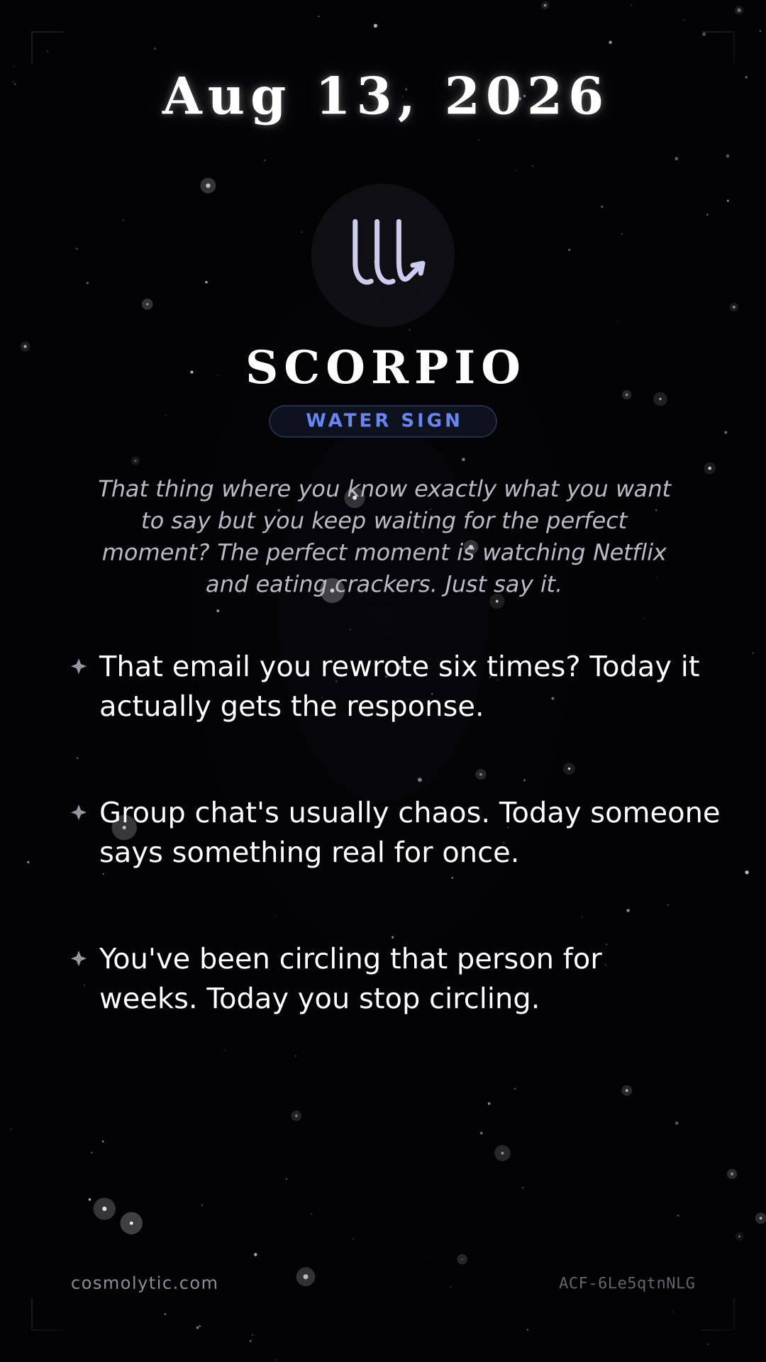Scorpio daily horoscope card for August 13, 2026