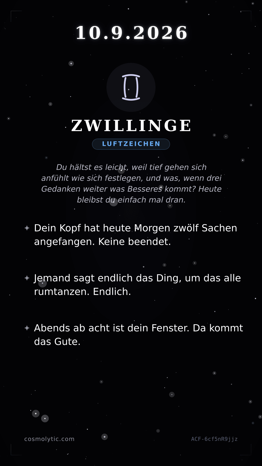 Zwillinge Tageshoroskop-Karte für 10. September 2026