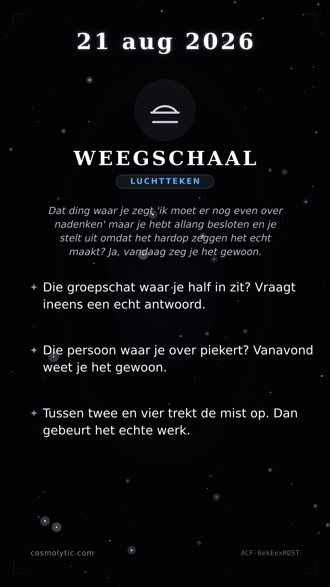 Weegschaal daghoroscoop kaart voor 21 augustus 2026