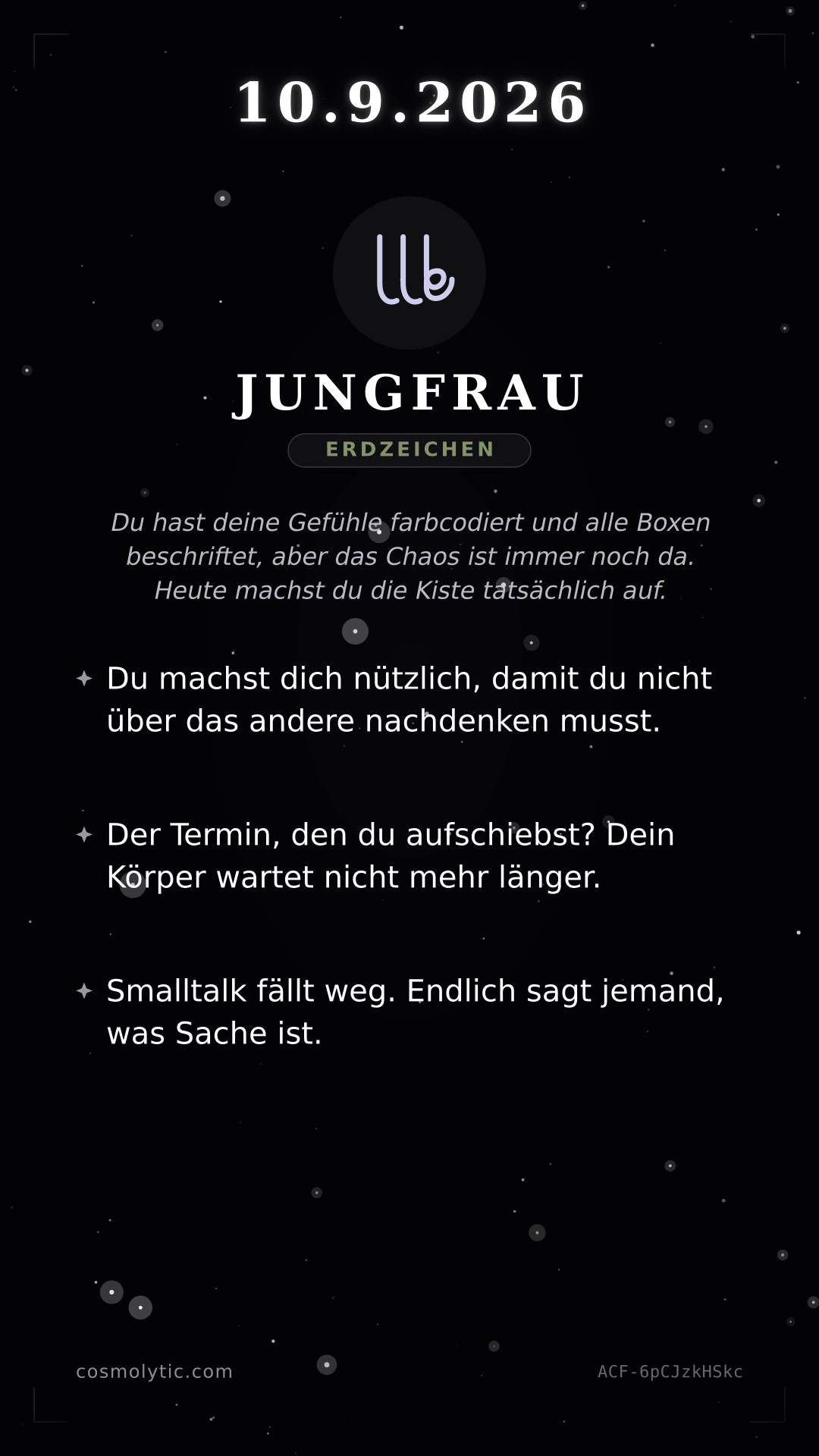 Jungfrau Tageshoroskop-Karte für 10. September 2026